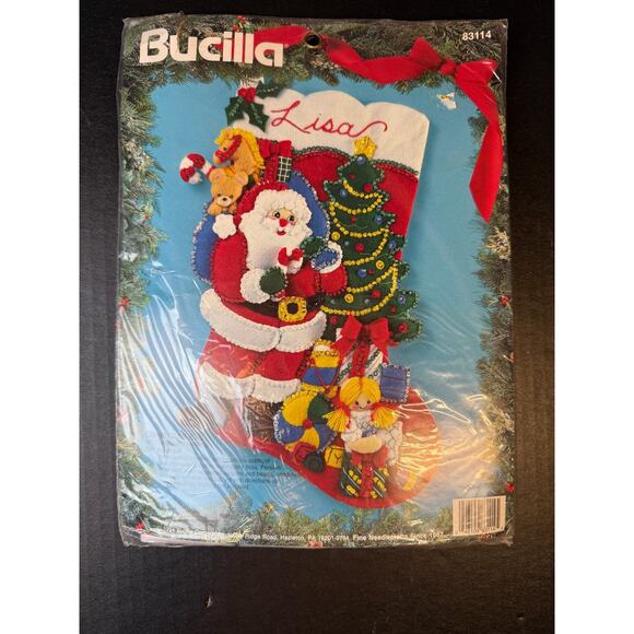 Bucilla 83114 Christmas Eve Felt Applique Stocking Kit 18 In Santa Tree Presents - Picture 2 of 7